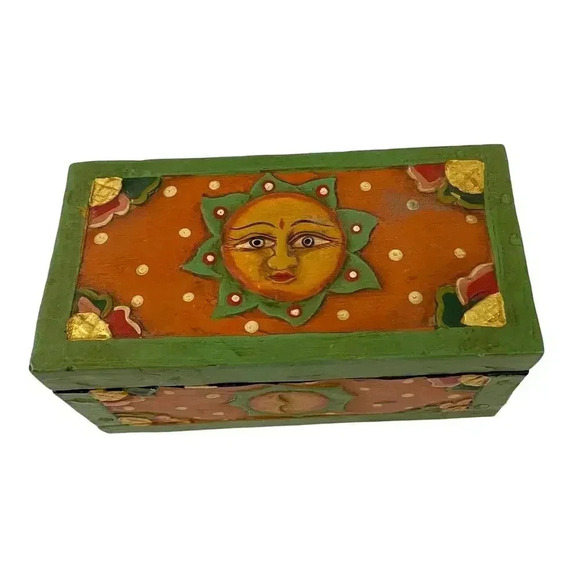 VTG Carved Hand Painted Wooden Box Sun Folk Art Design Green Orange Boho - Picture 1 of 12